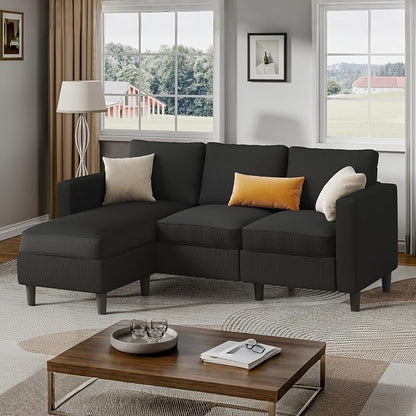 Shintenchi Modern Upholstered Sectional Sofa, L-Shaped Couch with Movable Ottoman and Reversible Chaise for Living Room, Black Corduroy Fabric
