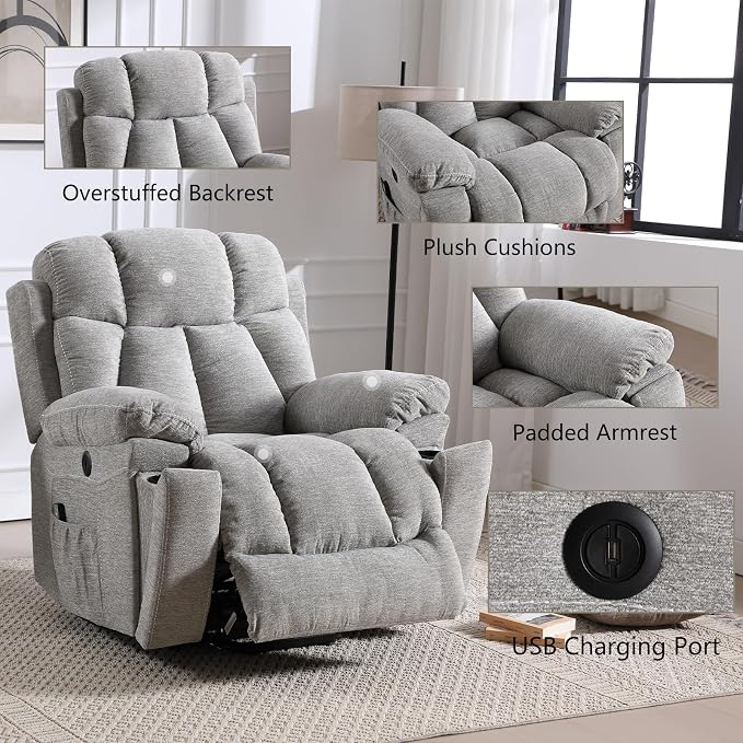 CANMOV Large Power Lift Recliner Chairs with Massage and Heat for Elderly Big People, Heavy Duty Motion Reclining Mechanism-Anti Skid Fabric Recliner Chair with 2 Concealed Cup Holders, Smoke Gray