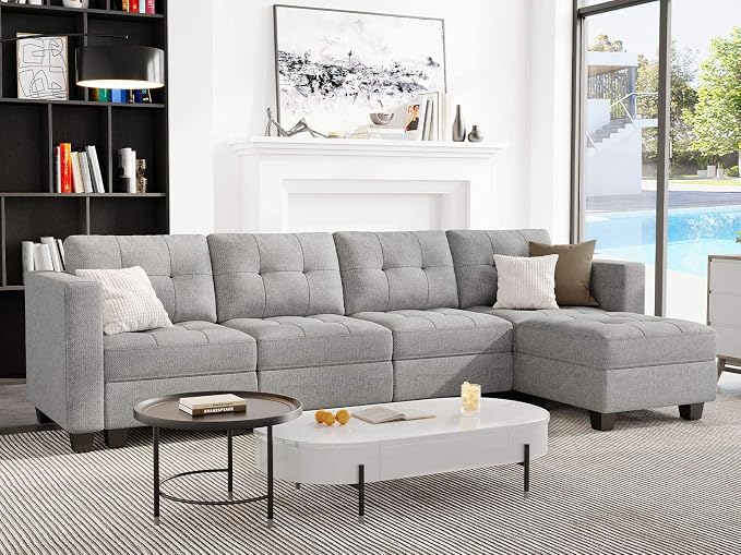 Belffin Light Grey L Shape 5-Seat Modular Sectional Sofa with Storage, Reversible Chaise, Adjustable Backrest, Cotton & Polyester