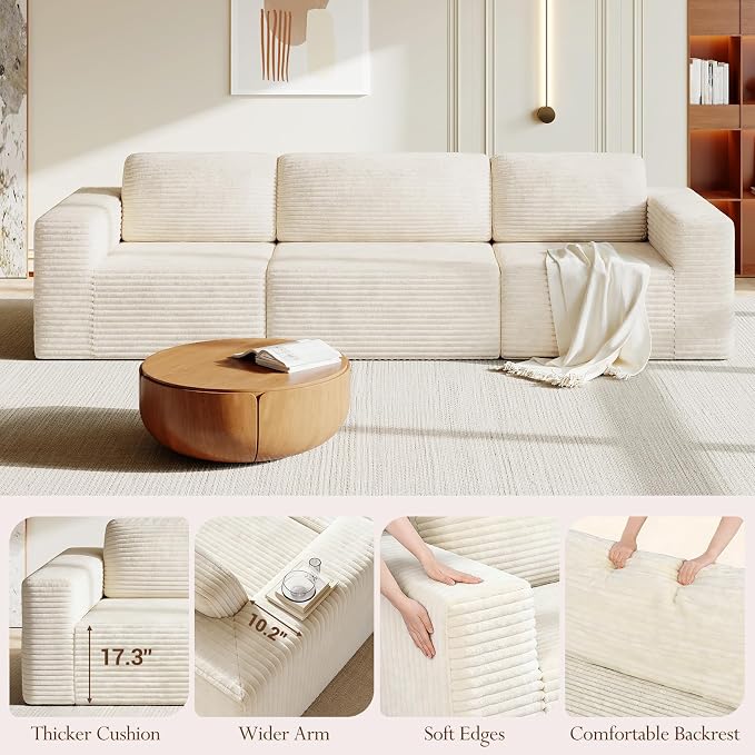 Vesgantti 119" Modular Sectional Sofa, Corduroy Cloud Couch with Deep Seating & Spring Support, 3 Seater Flexible Layout Sofa, Boneless Couch for Living Room & Apartment, No Assembly Required, Beige