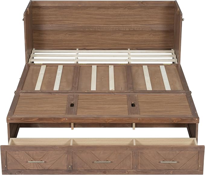 Bellemave Queen Size Murphy Bed with Charging Station and Storage, Farmhouse Murphy Bed with Foldable Panel for Guest Bedroom, Living Room, Office, Light Walnut