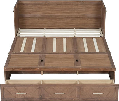 Bellemave Queen Size Murphy Bed with Charging Station and Storage, Farmhouse Murphy Bed with Foldable Panel for Guest Bedroom, Living Room, Office, Light Walnut