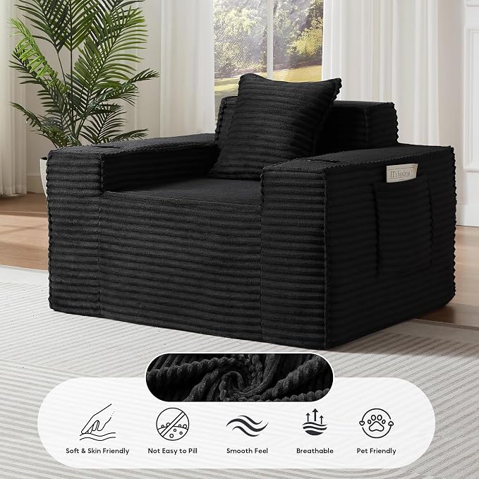 Boneless Sofa Couch with Cup Holders & Side Pockets, Modern Corduroy Fabric Deep Seat Single Cloud Couch for Reading Living Room Office, No Assembly (Black)