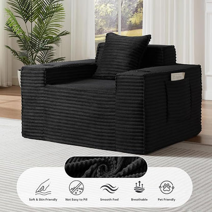 Boneless Sofa Couch with Cup Holders & Side Pockets, Modern Corduroy Fabric Deep Seat Single Cloud Couch for Reading Living Room Office, No Assembly (Black)