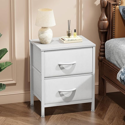 Sweetcrispy Nightstand with 2 Storage Drawers, Small Bedside Table, White | 20" Height End Table, Wooden Top Fabric Cabinet for Bedroom, Furniture, Closet, College Dorm