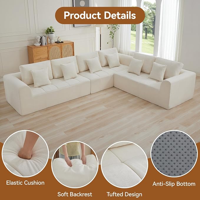 140'' Boneless Modular Couches for Living Room, Compressed Cloud Sectional Modern Sofa, L Shaped 6 Seater Upholstered Memory Foam Oversized Sofa, No Assembly, Chenille Beige
