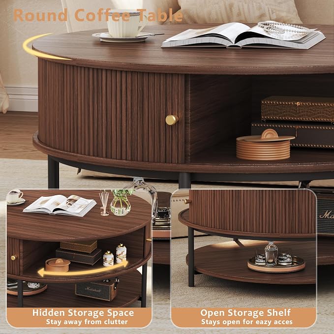 HUAHUU 31.5" Round Coffee Table with Storage, Mid Century Modern Coffee Table with Sliding Cabinet Door, Round Metal Legs, 3-Tier Small Round Coffee Tables for Living Room, Walnut