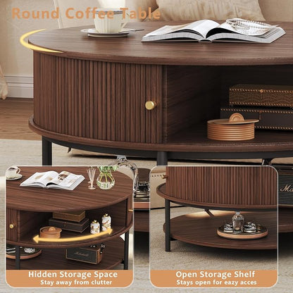 HUAHUU 31.5" Round Coffee Table with Storage, Mid Century Modern Coffee Table with Sliding Cabinet Door, Round Metal Legs, 3-Tier Small Round Coffee Tables for Living Room, Walnut