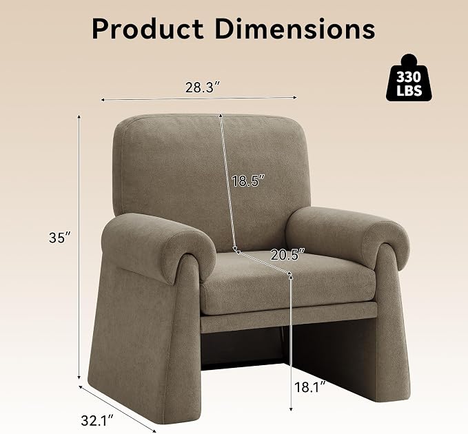Oversized Accent Chair, Comfy Living Room Chairs, Single Sofa Chair with Thick Cushion and Armrests, Upholstered Arm Chair for Living Room, Modern Armchair, Reading Chair for Bedroom, Grey