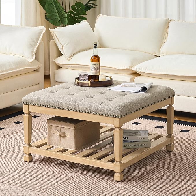 Befurtori Large Square Ottoman Coffee Table, Linen Solid Upholstered Footrest Ottoman with Solid Wood Shelf Storage Tufted Coffee Table for Bedroom Living Room-Gray Linen