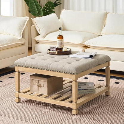 Befurtori Large Square Ottoman Coffee Table, Linen Solid Upholstered Footrest Ottoman with Solid Wood Shelf Storage Tufted Coffee Table for Bedroom Living Room-Gray Linen