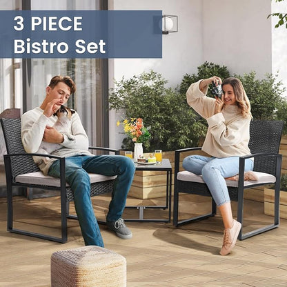 Murago 3 Piece Wicker Patio Bistro Set, Rattan Conversation Set with Coffee Table, for Balcony, Porch, Garden, Yard, Poolside, Black Frame with Grey Cushion