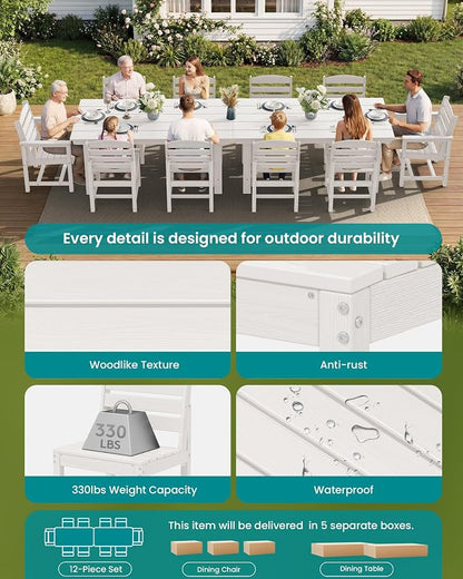 SERWALL Outdoor Dining Sets for 10 Person, HDPE Dining Set with 2 Tables, 8 Armless Chairs and 2 Armed Dining Chairs, White