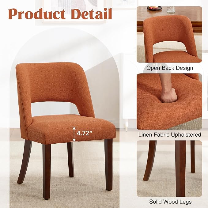Dining Chair Set of 8,Modern Dining Room Chairs with Thick Cushions,Upholstered Linen Fabric Kitchen Chairs for Kitchen Dining Room Orange