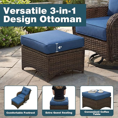 Patio Furniture Set, 12PCS Outdoor Wicker Conversation Set with 6" Thick Cushions, High Back Rattan Sofa & Swivel Rocker Chairs, Weather Resistant Olefin Fabric for Garden, Poolside, Navy Blue