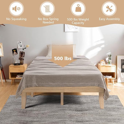 COSTWAY Full Size Wood Platform Bed Frame, 14 Inches Solid Rubber Wood Bed Mattress Foundation with Sturdy Slats Support, Easy Assembly Bed Frame for Home Hotel, No Box Spring Needed (Natural, Full)