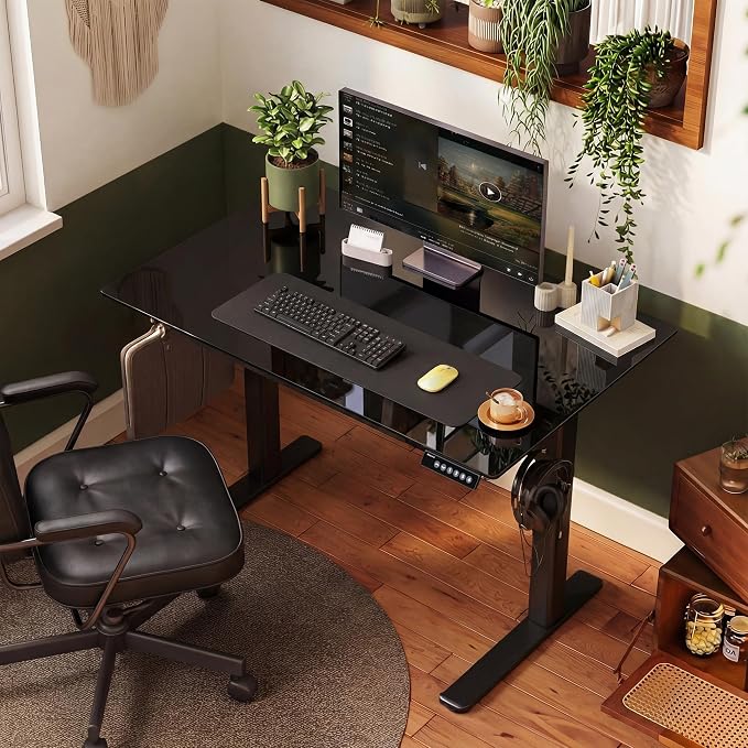 INNOVAR Glass Standing Desk with Drawers, 35×20 Inch Adjustable Stand Up Desk, Quick Install Home Office Computer Desk, Black