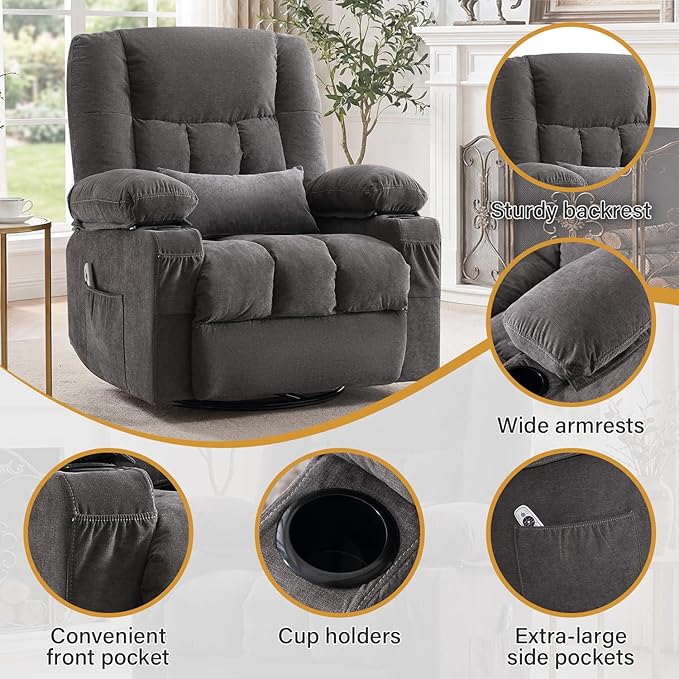 Swivel Recliner Chair for Adults with Vibration Massage and Lumbar Heat , Oversized Ergonomic Rocking Chair for Living Room and Bedroom, Featuring Side Pocket, 2 Cup Holders & USB Charge Port