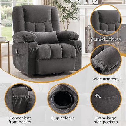 Swivel Recliner Chair for Adults with Vibration Massage and Lumbar Heat , Oversized Ergonomic Rocking Chair for Living Room and Bedroom, Featuring Side Pocket, 2 Cup Holders & USB Charge Port