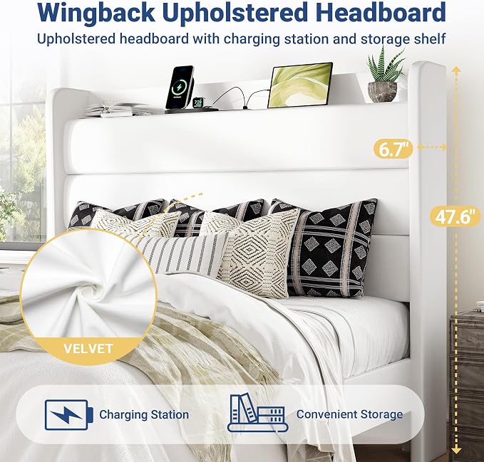 Allewie Full Size Upholstered Bed Frame with Charging Station & Storage Headboard, Soft Velvet Wingback Platform Bed, Strong Wooden Slats Support, No Box Spring Needed, Easy Assembly, White