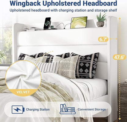 Allewie Queen Size Upholstered Bed Frame with Charging Station & Storage Headboard, Soft Velvet Wingback Platform Bed, Strong Wooden Slats Support, No Box Spring Needed, Easy Assembly, White