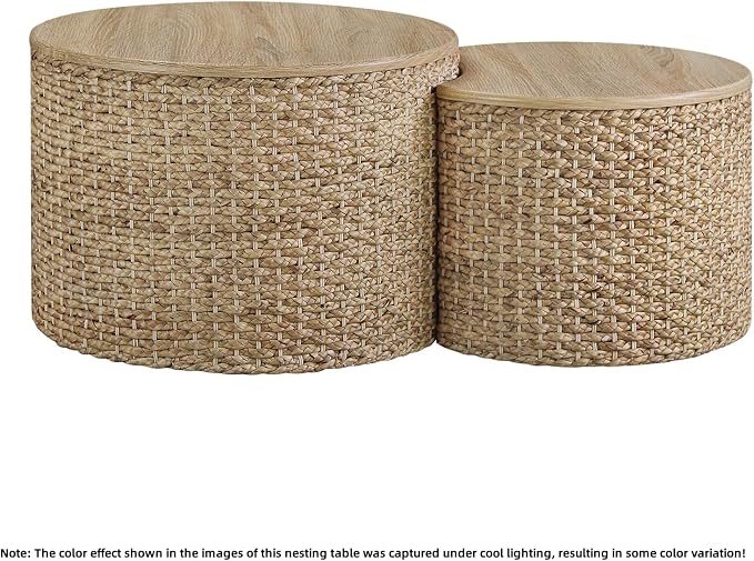 Nesting Coffee Table Set of 2, Rustic Crate and Barrel Coffee Table, Hand-Woven Woven Nesting Tables with Soild Wood Cover for Living Room, Bedroom