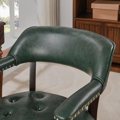 LEEMTORIG Set of 4 Large Dining Chairs with Casters and Arms, Rolling Dining Chairs with Wheels, Game Poker Chairs, Boss Caption's Chairs, 26" Dx25.2 Wx31.5 H, Espresso Legs & Green PU, XXY-1910-GN