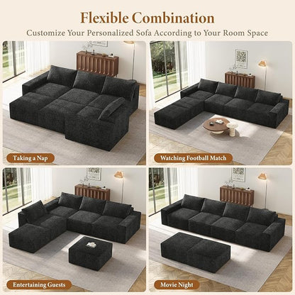 Vesgantti 145.6" Modular Boneless Couch, Modern U Shaped 6 Seater Sectional Sofa with 2 Ottoman & Deep Seat, Convertible Chenille Cloud Couches for Living Room, No Assembly Required, Black