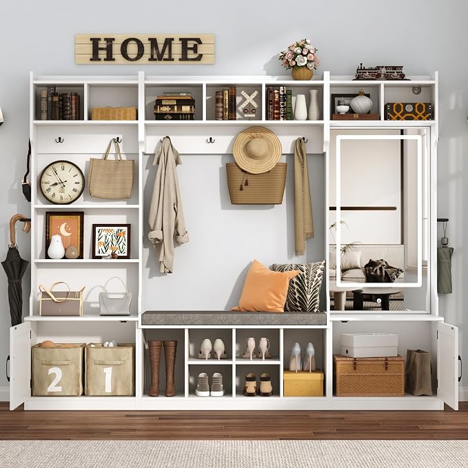 86.6''W Extra Large Farmhouse Hall Tree with Mirror Bench and Shoe Storage,Entryway Bench with Coat Rack,6 Shoe Cubbies & Umbrella Holder and Storage Cushioned Stool,Mudroom/Hallway Storages Cabinet