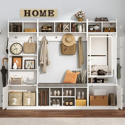 86.6''W Extra Large Farmhouse Hall Tree with Mirror Bench and Shoe Storage,Entryway Bench with Coat Rack,6 Shoe Cubbies & Umbrella Holder and Storage Cushioned Stool,Mudroom/Hallway Storages Cabinet