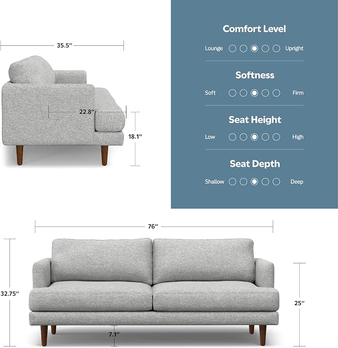 SIMPLIHOME Livingston 76" Wide x 33" High Sofa in Mist Grey Woven-Blend Fabric, Handcrafted Loveseat Couch for Living Room or Family Room, Mid-Century Modern Style, Solid Wood Frame