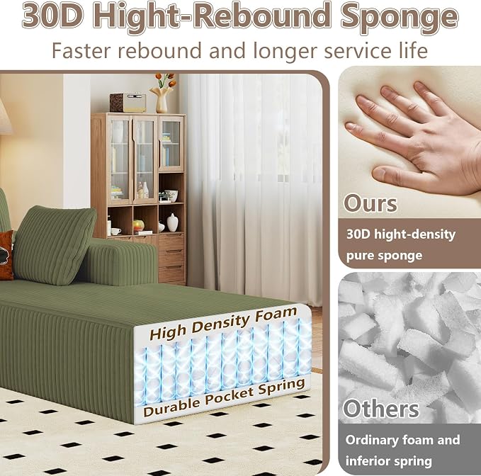 95" Cloud Sectional Couch U-Shaped Chaise with Ottoman, Corduroy Boneless Couch for Living Room Bedroom, Deep-Seat Upholstered Modular Cloud Sofa, No Assembly Required (Green, Right Facing Chaise)