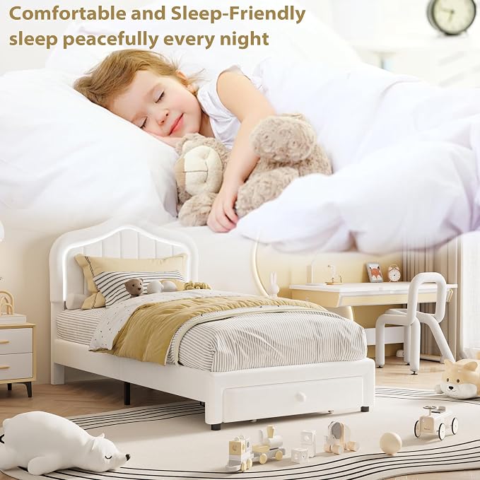 GarveeHome Twin Upholstered Bed Frame with Storage Drawer and Smart Led Headboard, Twin Size Platform Bed Frames for Kids, Wooden Slats Support, No Box Spring Needed, Easy Assembly, White