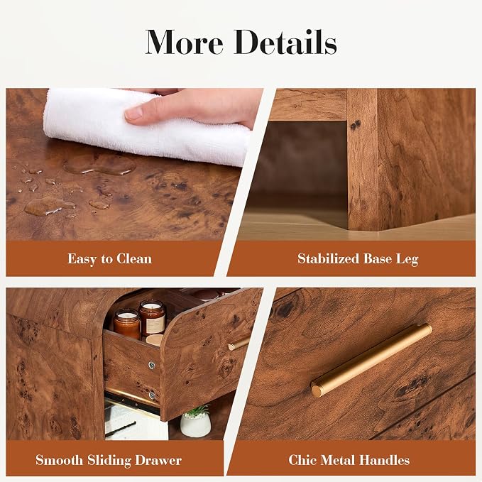 Night Stand Set of 2 [Unique Curved Profile] [FSC-Certified Wooden Board] 1-Drawer and 1 Storage Shelf Nightstand 24" H Metal Handle Modern Bedside Table Side Table End Table