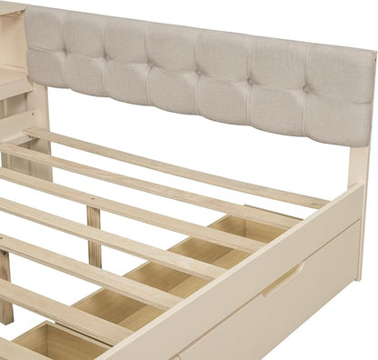 Ball & Cast Full Size Wood Daybed with Storage Shelves and Built-in Desk,Platform Bed w/Under-Bed Drawers & Charging Station,Upholstered Headboard,No Box Spring Needed,for Student Dorms,Cream