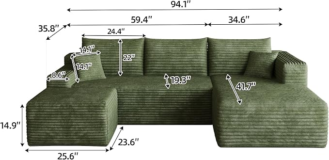 95" Cloud Boneless Sectional Sofa Couch with Chaise Lounge and Ottoman, Modern Corduroy Right Facing Modular Sectional Sofa Compressed Corner Couch with Deep Seat, No Assembly Required