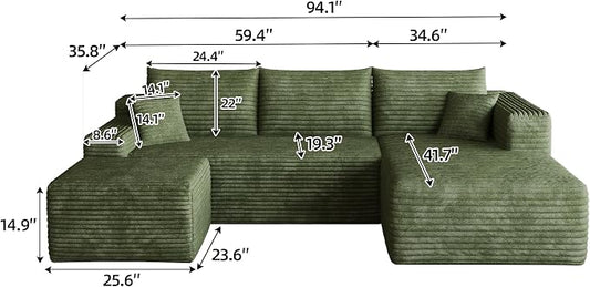 95" Cloud Boneless Sectional Sofa Couch with Chaise Lounge and Ottoman, Modern Corduroy Right Facing Modular Sectional Sofa Compressed Corner Couch with Deep Seat, No Assembly Required