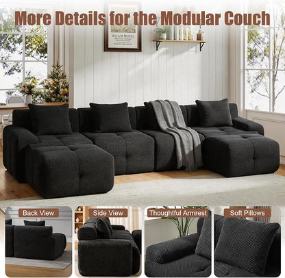 135" Cloud Couch Sectional with 2 Ottoman, U-Shaped Boneless Sofa,Modern Modular Couch, Pineapple Grid Fabric with Foam & Spring Filling for Living Room, No Assembly Required (Black, 4seates)