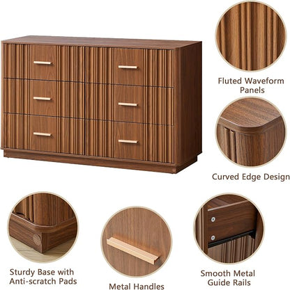 Fluted Double Dresser for Bedroom with 6 Drawers, 47" Wide Modern Chest of Drawers with Curved Profile Design, Wood Closet Clothes Storage Organizer Dresser TV Stand for Living Room, Hallway, Walnut