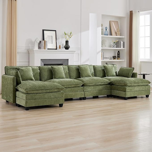 147'' Sectional Cloud Deep Seat Couch, Oversized Chenille U Shaped Sectional Sofa for Living Room Set, Comfy Upholstered Modular Sectional Sofa Couch with Movable Ottoman, Green