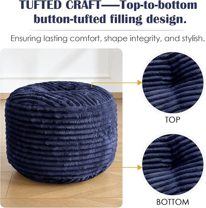 SHOUREN Stuffed Round Ottoman,Corduroy Pouf Ottoman Foot Rest with Foam Filling,Pouf Storage Ottoman Footstool for Living Room,20 X 15 Floor Poufs for Couch,Footrest Only - 20 X 15 Inches,Navy