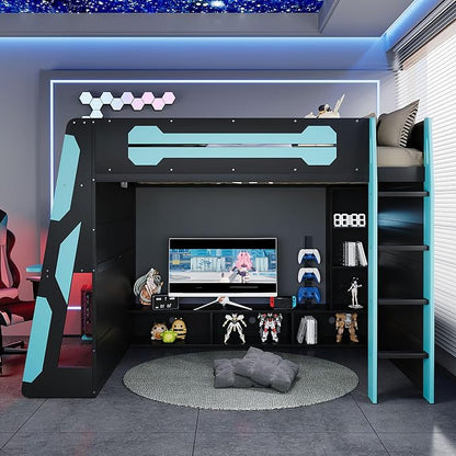 Merax Full Size Loft Bed with Desk, Multi-Storage Shelves and RGB Light | Space-Saving Wooden Gaming Bed Frame with Charging Station and Guardrail