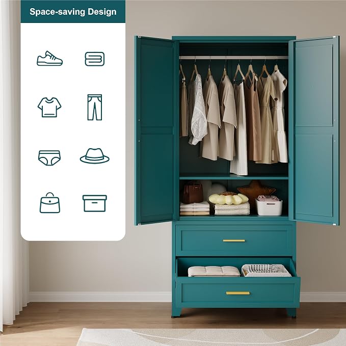 QINPTWUT 71" Tall Metal Wardrobe with Doors, Hanging Rod & Adjustable Shelf, Freestanding Steel Armoire for Bedroom Home Office, 2-Drawer Blue