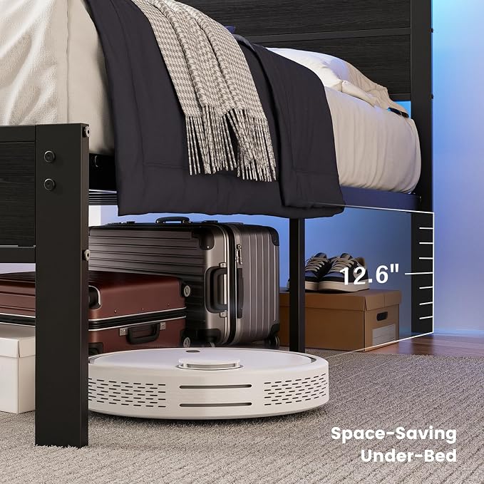 Twin Bed Frame with LED Lights & USB Charging Station, Black Metal Platform Bed with Storage Headboard, Under-Bed Space, Noise-Free & Sturdy, No Box Spring Needed, Easy Assembly