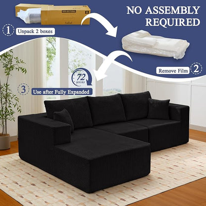 Modular Sectional Sofa for Living Room, 108" Cloud Couch Sectional with L-Shape Chaise, Modern Upholstered Corduroy Boneless Couch with Memory Foam Deep Seat, No Assembly Required (Black)