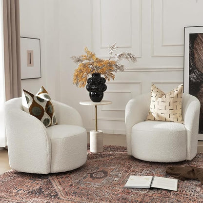 KINWELL 34" W Swivel Barrel Chair Set of 2, Mid Century Modern Round Upholstered Boucle Swivel Accent Chairs, No Assembly Sofa Chair for Living Room Bedroom Reading, Cream