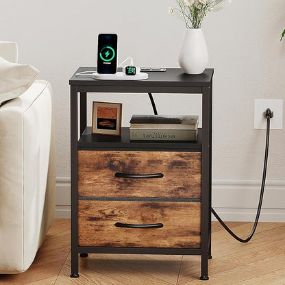 DUMOS Nightstand with Charging Station Built in USB Ports and AC Outlets Bedside Table with Adjustable Fabric Drawer and Open Shelf Modern End Table for Bedroom,Black and Brown