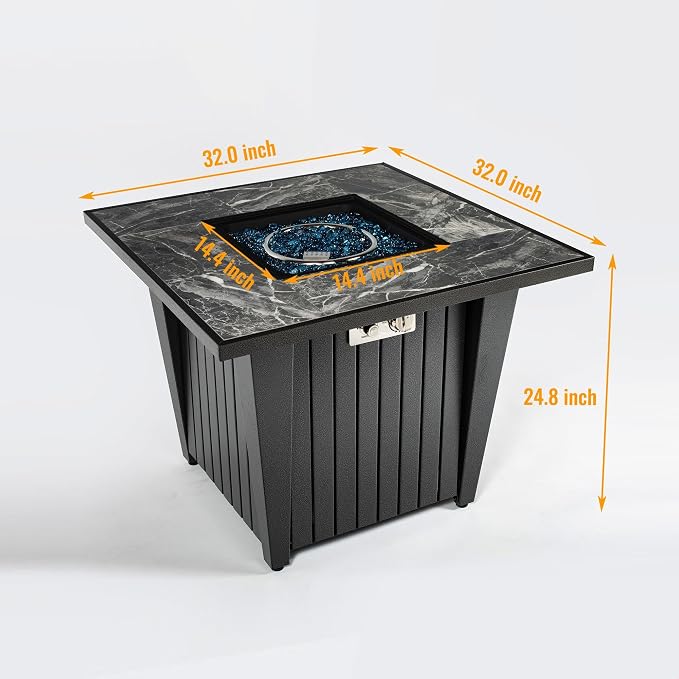 32" Propane Gas Fire Pit Table, 50,000 BTU Square Outdoor Fire Pit with Ceramic Tile Top & Glass Wind Guard, Steel Patio Fire Table with Lid, Blue Glass Beads & Rain Cover, Gray