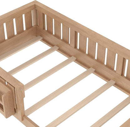 Bellemave Twin Size Floor Bed with high Rails and with Built-in Bookshelf for Kids, Girls, Boys, Wood Montessori Floor Bed Without Door, Natural