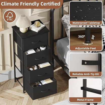 Somdot Dresser for Bedroom with 4 Drawers, Storage Organizer Chest of Drawers with Removable Fabric Bins for Closet Bedside Living Room Laundry Entryway Hallway, Black